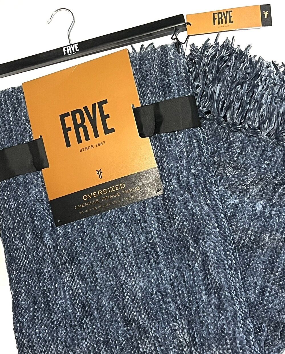 FRYE Throw Blanket Woven Chenille With Fringe Navy Blue DENIM 50 x 70" NWT
